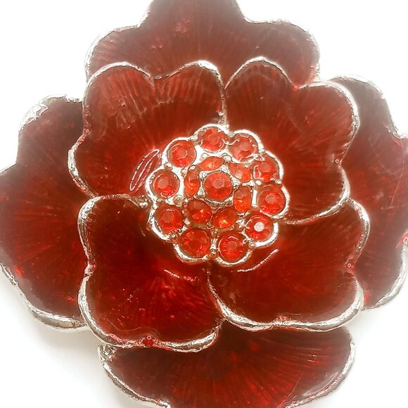 Vintage Brooch Floral Silver-tone Metal Alloy Red Enamel Rhinestone 2" Diameter - Picture 2 of 8